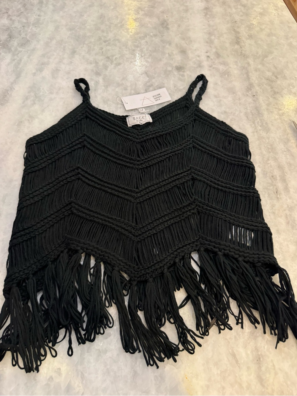 Sage Black Knit Fringe Bohemian Crop tank top